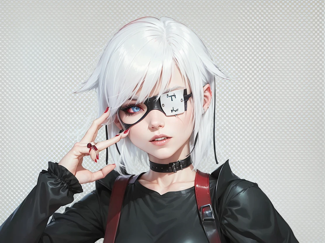 A young woman with white hair and red tips, a vampire, vampire canines, blue eyes, eye patch, short hair, female physique, Discord PfP, fantasy, vampire,long canines, rice teeth