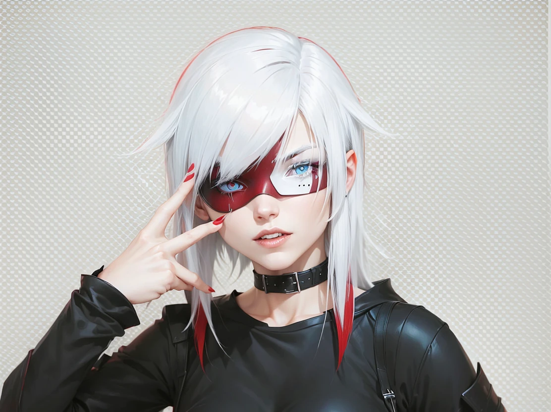 A young woman with white hair and red tips, a vampire, vampire canines, blue eyes, eye patch, short hair, female physique, Discord PfP, fantasy, vampire