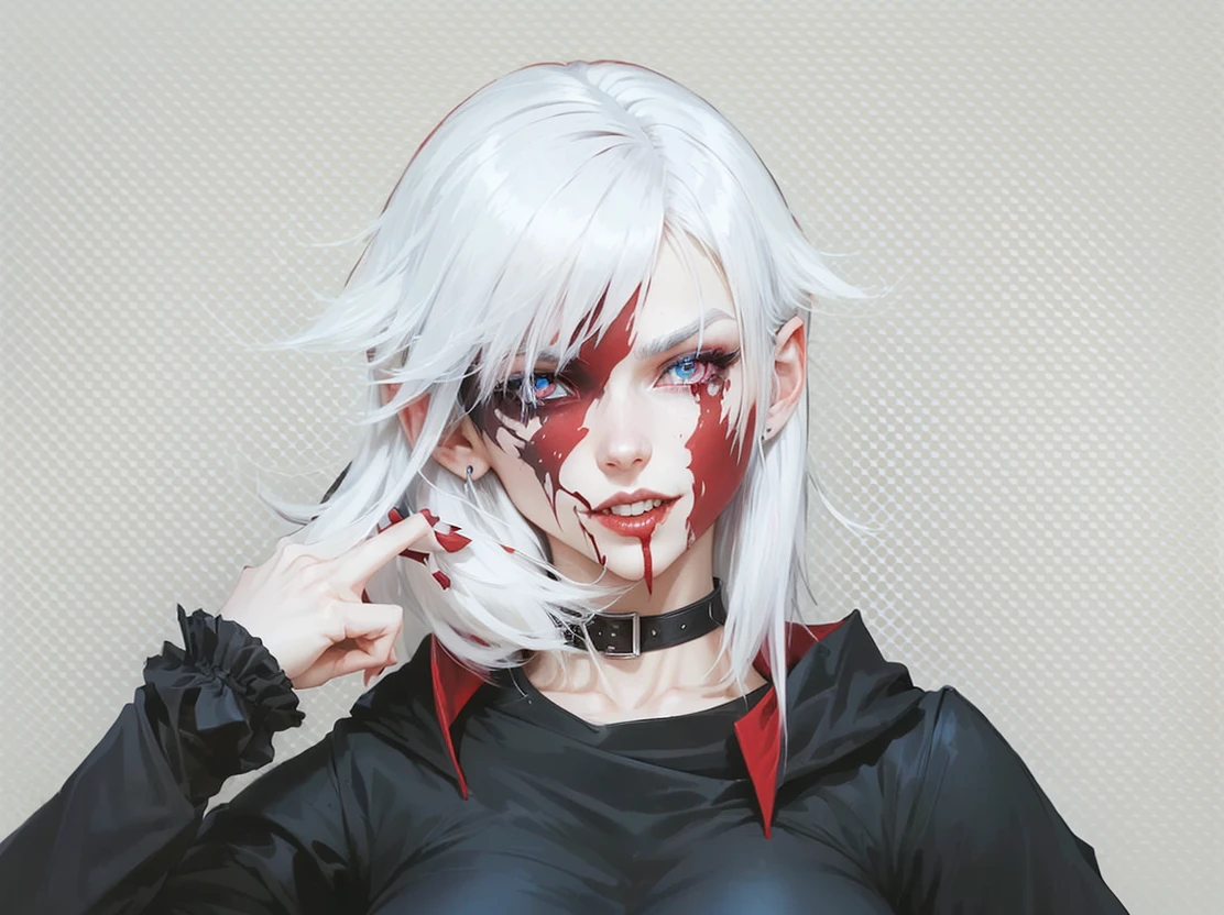 A young woman with white hair and red tips, a vampire, vampire canines, blue eyes, eye patch, short hair, female physique, Discord PfP, fantasy, vampire,long canines, rice teeth