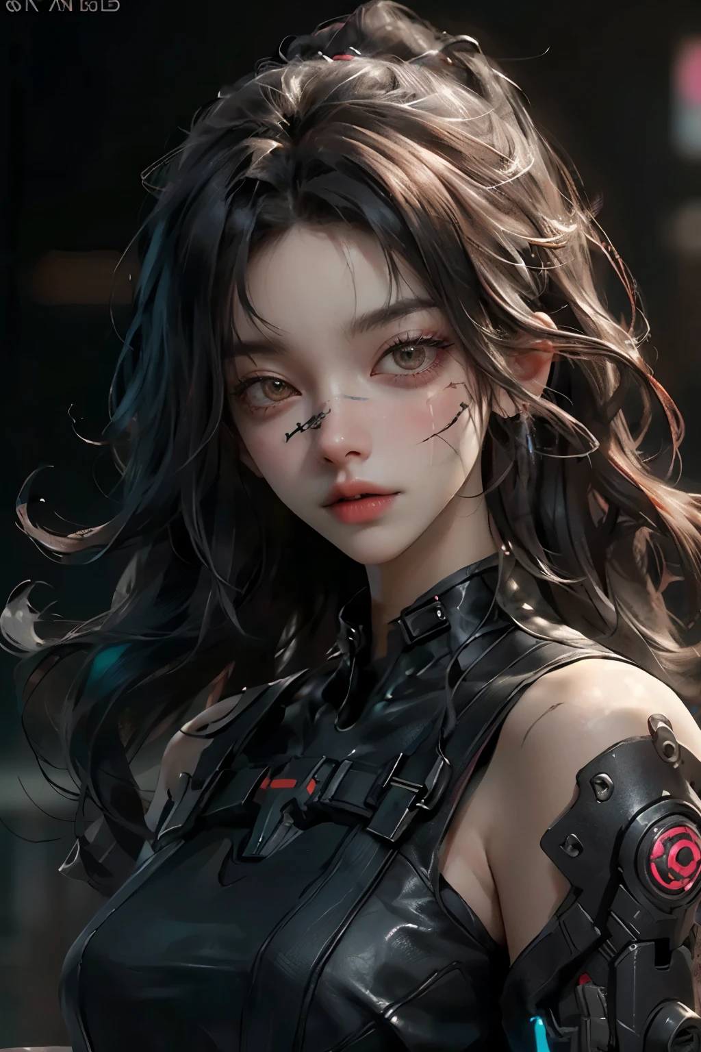 ((best quality)), ((Masterpiece)), (details:1.4), 3d, Image of a beautiful cyberpunk woman., HDR (high dynamic range), mature woman, long hair, black hair, future police, PBR surface, After processing, Anisotropic filtration,depth of field, Maximum clarity and clarity, multi-layered surface, perfect proportions, 8K raw files, future world, at night, Scars on the face,