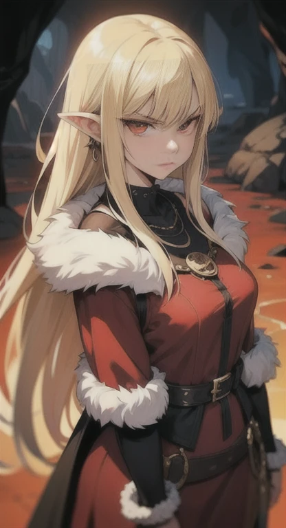 Annoyed, blonde, red eyes, Hylia, (Cave tribe), fur armor, rings, female creature, prehistoric era, leader, looking at viewer,