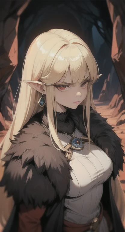 Annoyed, blonde, red eyes, Hylia, (Cave tribe), fur armor, rings, female creature, prehistoric era, leader, looking at viewer,