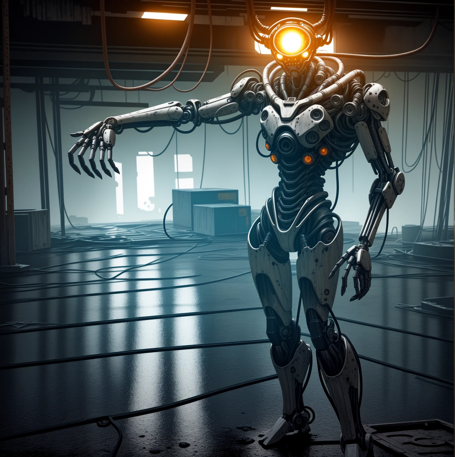 I giant humanoid robot torso, only top half of body, torso attached to a platform on the floor, long mechanical arms, slender robot fingers, rusting, disheveled, wires falling off, robot is falling apart, in the center of a giant chamber, placed above a pool of glowing blue liquid, menacing, intimidating, wires hanging from the robot, body is heavily damaged, covered in rust and dust, attached to a large platform on the floor, very thin destroyed waist,