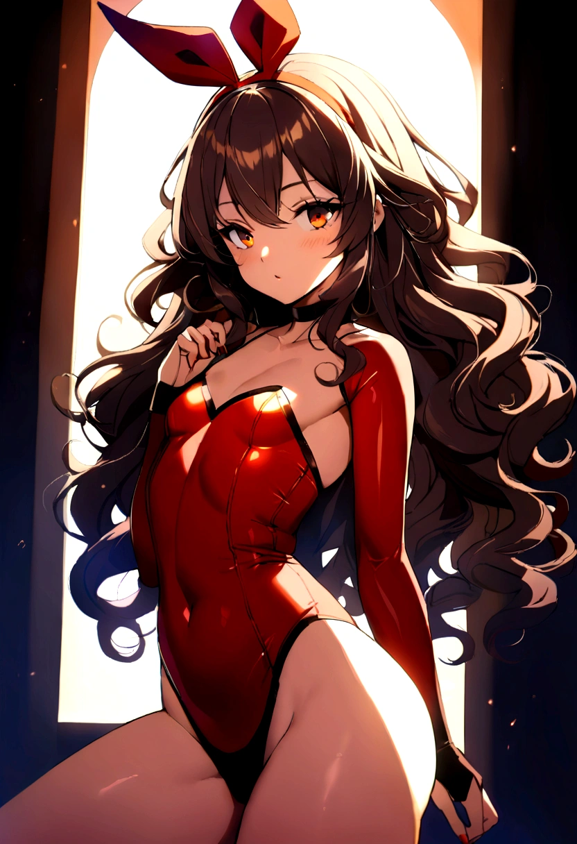 with black, slightly brownish wavy hair, beautiful amber eyes, thick body with small breasts and make the appearance very attractive and seductive
