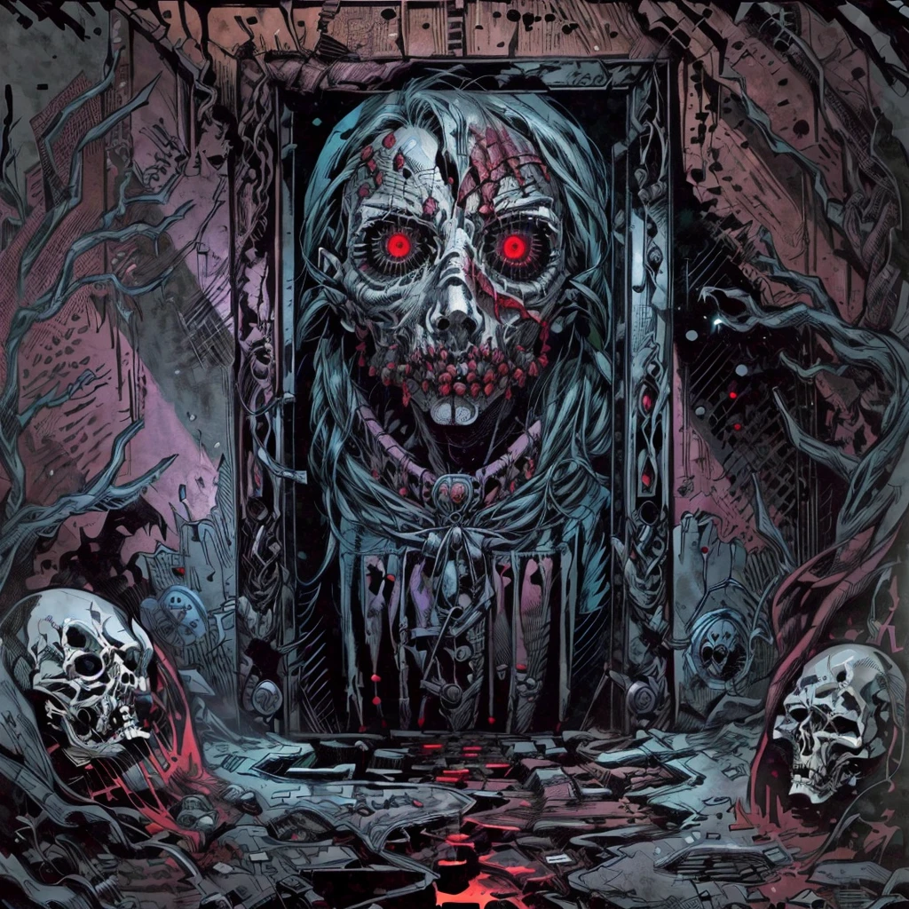 a close up of a creepy looking door with a bloody face, detailed 4k horror artwork, scary color art in 4 k, background artwork, darkest dungeon art style, hellish doom hallway, dug stanat macabre art, the binding of isaac, elegant horror artwork, still from animated horror movie, in the art style of dan mumford, florest creepy,