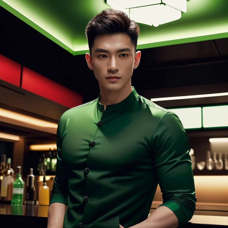 arafed man in a Green Shirt standing in a bar, In a dark green round-neck shirt, Green Shirt, Elegant dark green clothes, in the style of sifu :2, smooth hair, Handsome Chad Chin, Green Bomber Jacket, Rafael Pernaz, wearing a green suit, Chai Sukun, สวมแจ็กเก็ตบอมเบอร์สีเขียวเข้ม arafed man in a Green Shirt standing in a bar, In a dark green round-neck shirt, Green Shirt, Elegant dark green clothes, in the style of sifu :2, smooth hair, Handsome Chad Chin, Green Bomber Jacket, Rafael Pernaz, wearing a green suit, Chai Sukun, Wearing a dark green bomber jacket. 8K images., Shot with a high quality Fuji 45 camera., Pixels, best quality, Masterpiece:1.2), (realistic, photo-Southeast Asians with round faces, Open the aperture wide., professional lighting, Sony A7R4, 50 mm sitting lens. 2 black eyes,muscle, (digital painting, HDR, high contrast), 3d, 8K, 45,000,000 pixcls,