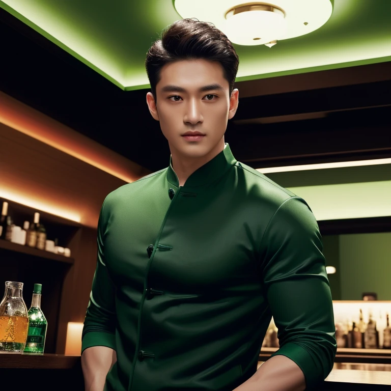 arafed man in a Green Shirt standing in a bar, In a dark green round-neck shirt, Green Shirt, Elegant dark green clothes, in the style of sifu :2, smooth hair, Handsome Chad Chin, Green Bomber Jacket, Rafael Pernaz, wearing a green suit, Chai Sukun, สวมแจ็กเก็ตบอมเบอร์สีเขียวเข้ม arafed man in a Green Shirt standing in a bar, In a dark green round-neck shirt, Green Shirt, Elegant dark green clothes, in the style of sifu :2, smooth hair, Handsome Chad Chin, Green Bomber Jacket, Rafael Pernaz, wearing a green suit, Chai Sukun, Wearing a dark green bomber jacket. 8K images., Shot with a high quality Fuji 45 camera., Pixels, best quality, Masterpiece:1.2), (realistic, photo-Southeast Asians with round faces, Open the aperture wide., professional lighting, Sony A7R4, 50 mm sitting lens. 2 black eyes,muscle, (digital painting, HDR, high contrast), 3d, 8K, 45,000,000 pixcls,