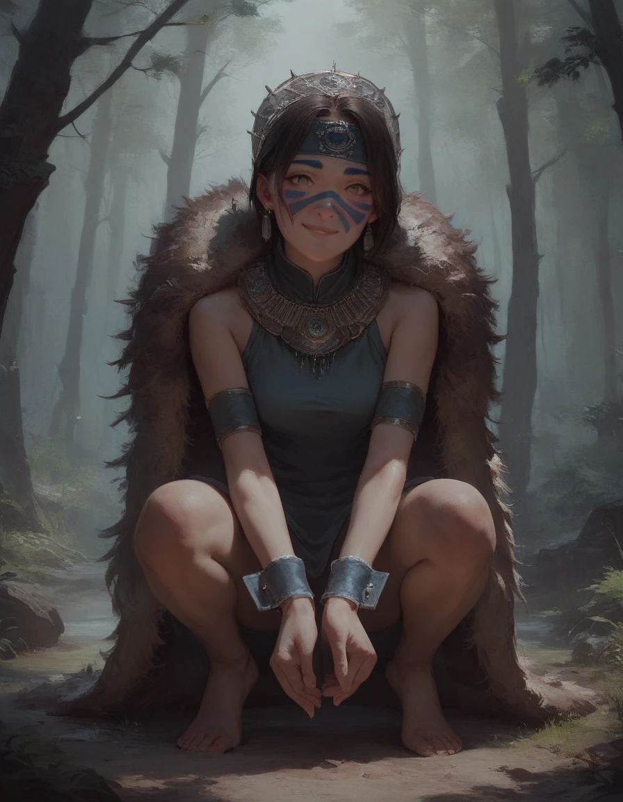 score_9, score_8_up, score_7_up, san, 1girl, full body, squatting, solo, short hair, brown hair, gray eyes, headband, face paint, earrings, white sleeveless top, navy under dress, arm cuffs, fur headdress, fur cape, light-skinned female, female focus, looking at viewer, smiling, forest, (blush:1.1) concept art, realistic, expressiveh, knva,