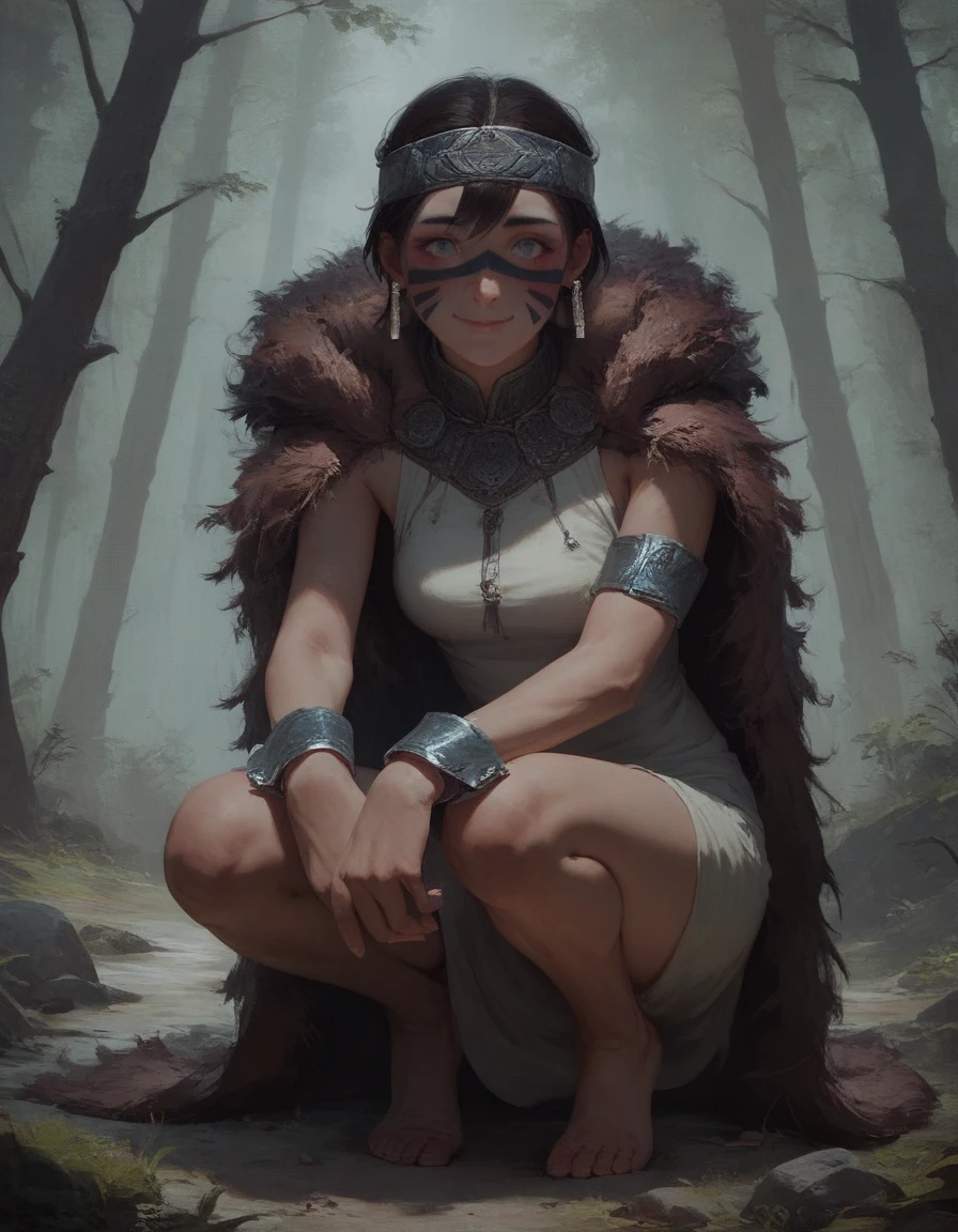score_9, score_8_up, score_7_up,  san, 1girl, full body, squatting, solo, short hair, brown hair, gray eyes, headband, face paint, earrings, white sleeveless top, navy under dress, arm cuffs, fur headdress, fur cape, light-skinned female, female focus, looking at viewer, smiling, forest, (blush:1.1)  concept art, realistic, expressiveh, knva, 