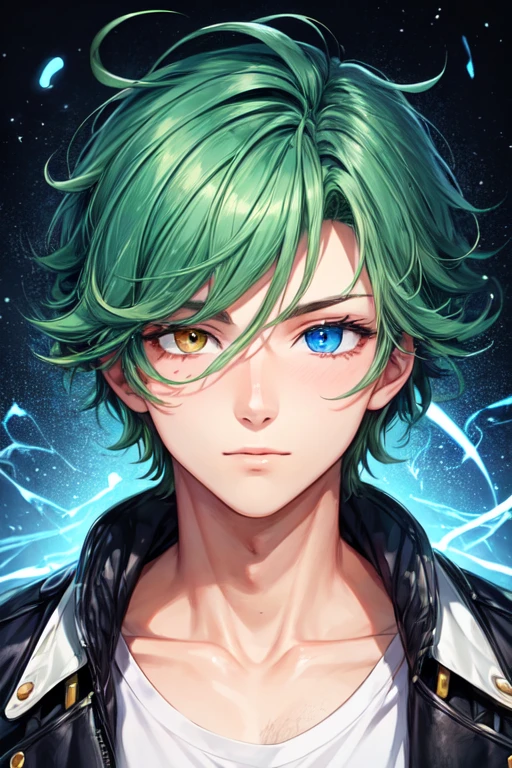 25 year old male boy, green hair with blue and yellow heterochromia eyes, with telekinesis powers