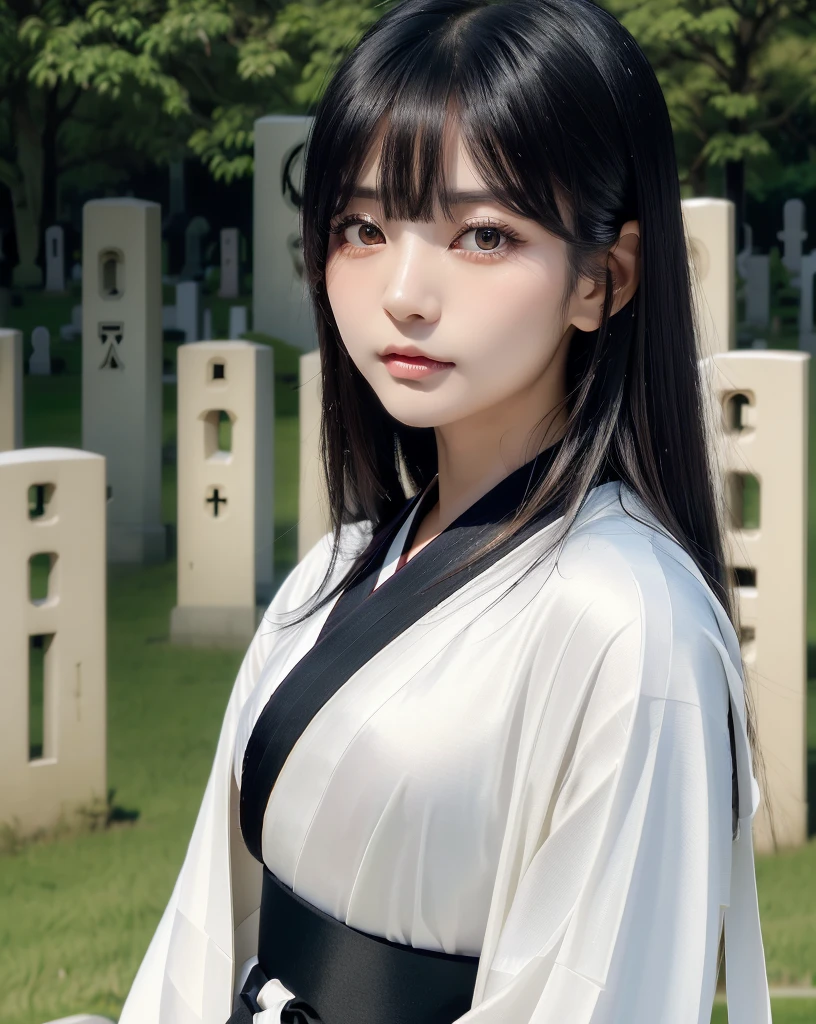 (Highest quality, 32k, High resolution, Masterpiece:1.5), marimo_jet, god々A photograph with brilliant dazzling and healing power., Evoking a sense of calm and elusive beauty, Expressing emotions, Have a rich imagination, Beautiful Japanese Girls, An exceptionally beautiful face, Small Face Beauty, , Perfect Human Anatomy, Magical big eyes, Motherhood and generosity, Deep Love, Fleeting Expression, Shiny black hair, Neat, super long, straight silk hair, Asymmetrical bangs, Hair between the eyes, Transparent, soft white skin, Sharp eyebrows, Thin lashes, Natural Makeup, ((Traditional Japanese white kimono:1.3)), ((Japanese Cemetery:1.5)), ((Simple gravestone)), ((Midnight Darkness:1.5)), Professional photographer, Professional Lighting, Professional models