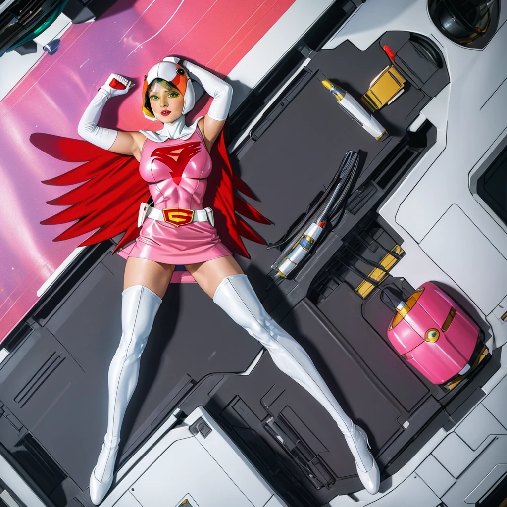 ANI_CLASSIC_jun_gatchaman_ownwaifu,1girl, , good anatomy, masterpiece, best quality, realistic, hyperrealistic, 16k hdr, breasts, green eyes, lips, large breasts, lipstick, makeup, gloves, cape, helmet, belt, elbow gloves, white gloves, mask, ultra miniskirt, leotard, spacesuit, white tight overknee highheels boots, pink dress, superhero,bodysuit,(lying flat poses, view from above),pantyhose