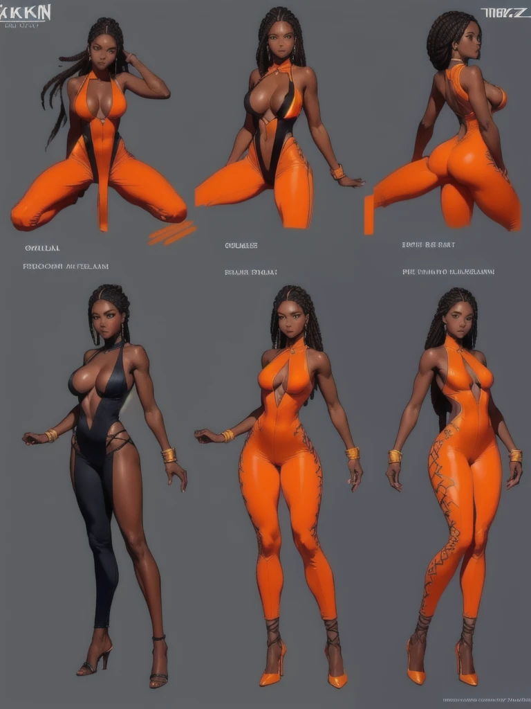 ((best quality)), ((4k)), ((highres)), ((masterpiece:1.2)). ((detailed)), ((ultra realistic)), ((intricate details)), ((full body picture)), ((character design sheet)), a full body picture of a beautifull Ebony skinned female, black woman, dark skin, ebony princess, ebony model, perfect face, detailed eyes, detailed lips, posing with her arms above her head, ((arms above her head)), about 25 years old, about 5'7 ft. tall, long thin dreadlocks down to her hips, ((emphasis on her long thin dreadlocks down to her hips)), pretty, feminine woman, toned body but not too muscular looking, hourglass figure, dressed in a skin-tight sleeveless full body orange jumpsuit, ((emphasis on the skin-tight sleeveless full body orange jumpsuit)), showing cleavage, glamorous, strappy lace up high, fighting game character concept art, tekken character design, the king of fighters character concept, full bofy, full body concept art, full body art