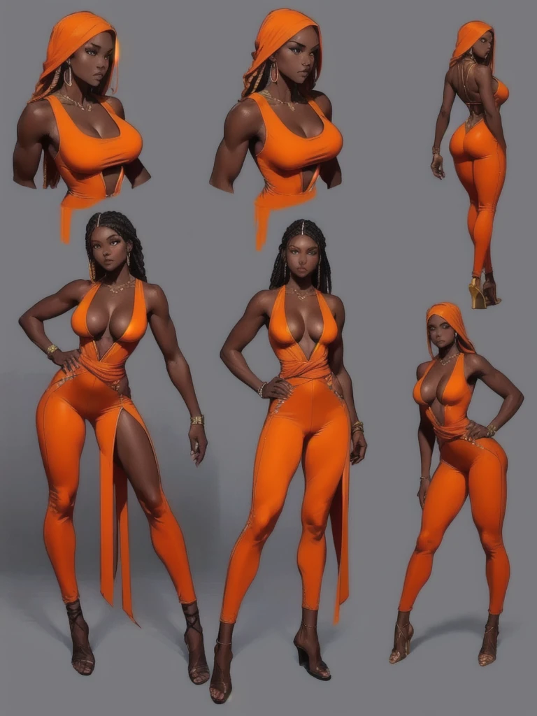 ((best quality)), ((4k)), ((highres)), ((masterpiece:1.2)). ((detailed)), ((ultra realistic)), ((intricate details)), ((full body picture)), ((character design sheet)), a full body picture of a beautifull Ebony skinned female, black woman, dark skin, ebony princess, ebony model, perfect face, detailed eyes, detailed lips, posing with her arms above her head, ((arms above her head)), about 25 years old, about 5'7 ft. tall, long thin dreadlocks down to her hips, ((emphasis on her long thin dreadlocks down to her hips)), pretty, feminine woman, toned body but not too muscular looking, hourglass figure, dressed in a skin-tight sleeveless full body orange jumpsuit, ((emphasis on the skin-tight sleeveless full body orange jumpsuit)), showing cleavage, glamorous, strappy lace up high, fighting game character concept art, tekken character design, the king of fighters character concept, full bofy, full body concept art, full body art