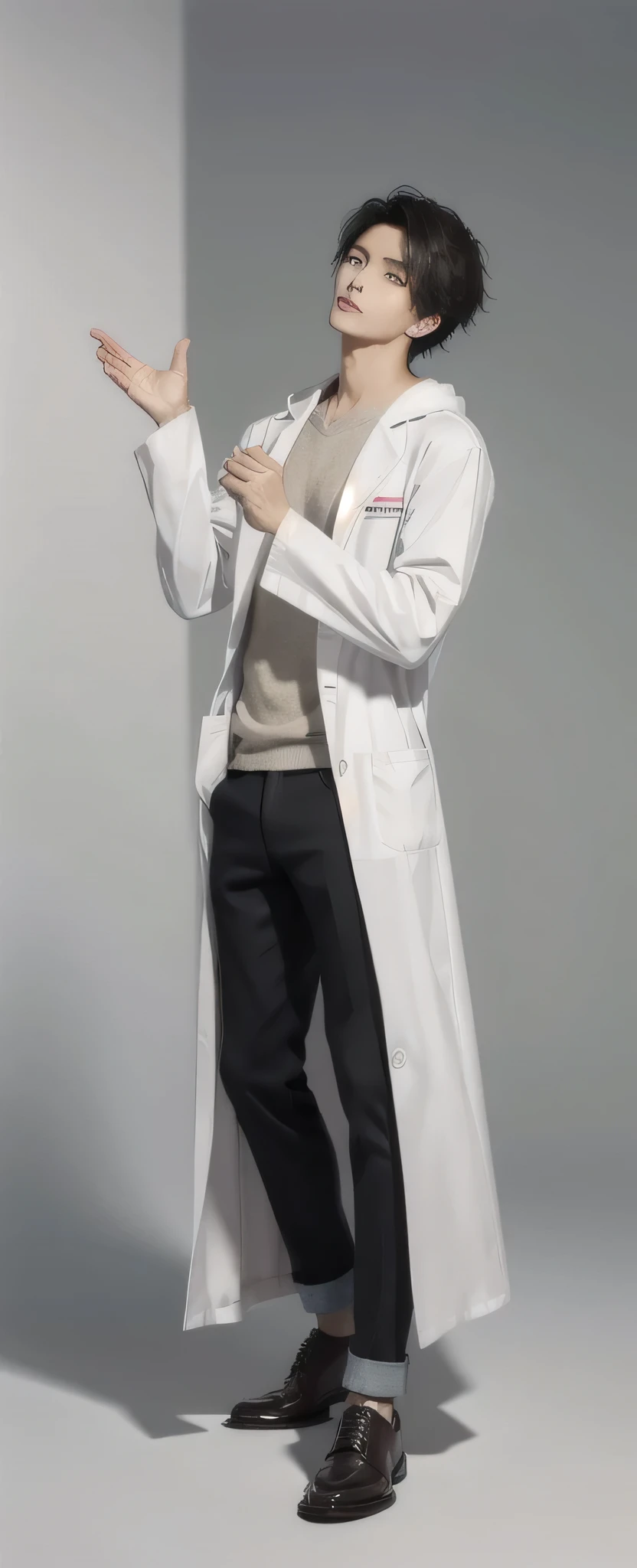 (Fair skin),((white lab coat)), (black hoodie underneath),Iris,(gender: Natural Face),(Japanese),(leather shoes),long body,handsome young asian man, Japanese idol style, short clean-cut hair, (center part), calm confident expression, hands in lab coat pockets, plain white background, portrait, high quality, detailed, 8K