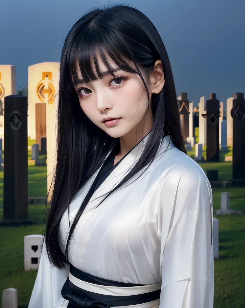 (Highest quality, 32k, High resolution, Masterpiece:1.5), marimo_jet, god々A photograph with brilliant dazzling and healing power., Evoking a sense of calm and elusive beauty, Expressing emotions, Have a rich imagination, Beautiful Japanese Girls, An exceptionally beautiful face, Small Face Beauty, , Perfect Human Anatomy, Magical big eyes, Motherhood and generosity, Deep Love, Fleeting Expression, Shiny black hair, Neat, super long, straight silk hair, Asymmetrical bangs, Hair between the eyes, Transparent, soft white skin, Sharp eyebrows, Thin lashes, Natural Makeup, ((Traditional Japanese white kimono:1.3)), ((Japanese Cemetery:1.5)), ((Simple gravestone)), ((Midnight Darkness:1.5)), Professional photographer, Professional models