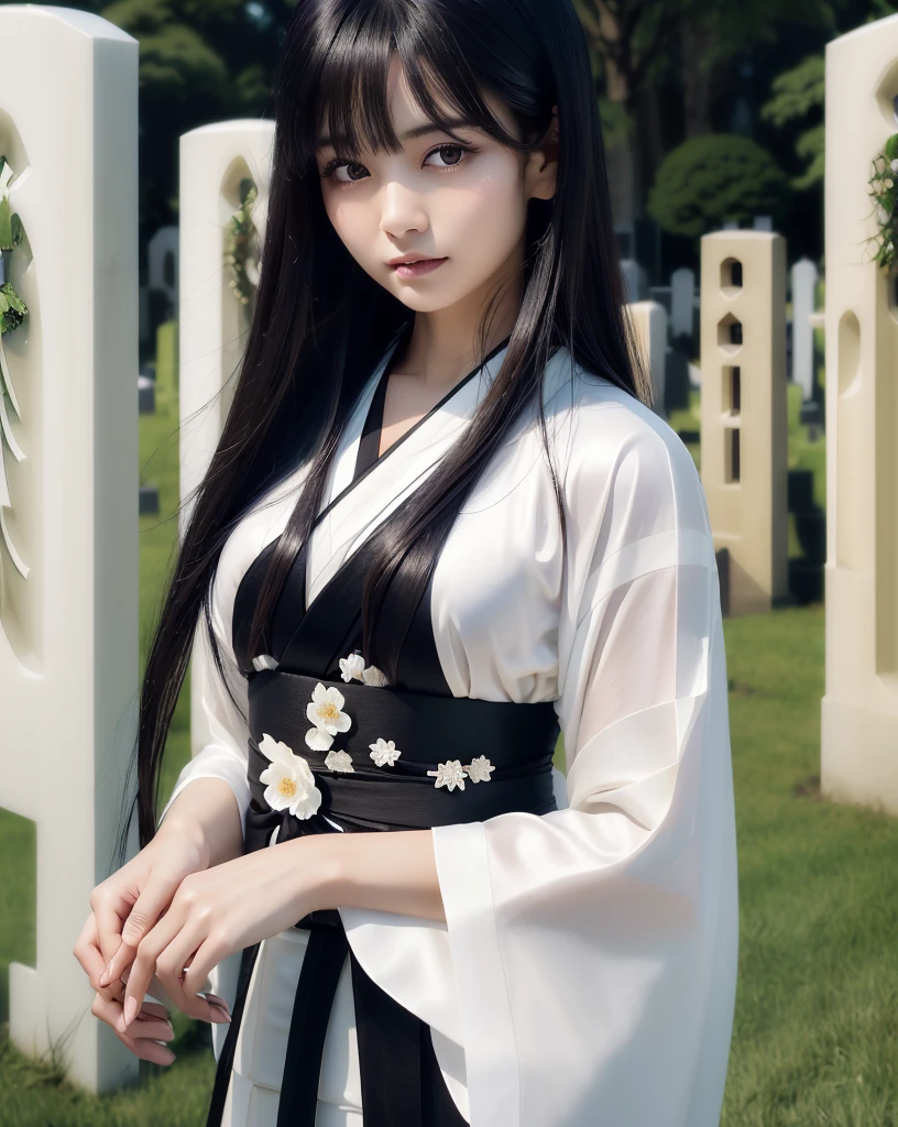 (Highest quality, 32k, High resolution, Masterpiece:1.5), marimo_jet, god々A photograph with brilliant dazzling and healing power., Evoking a sense of calm and elusive beauty, Expressing emotions, Have a rich imagination, Beautiful Japanese Girls, An exceptionally beautiful face, Small Face Beauty, , Perfect Human Anatomy, Magical big eyes, Motherhood and generosity, Deep Love, Fleeting Expression, Shiny black hair, Neat, super long, straight silk hair, Asymmetrical bangs, Hair between the eyes, Transparent, soft white skin, Sharp eyebrows, Thin lashes, Natural Makeup, ((Traditional Japanese white kimono:1.3)), ((Japanese Cemetery:1.5)), ((Simple gravestone)), ((Midnight Darkness:1.5)), Professional photographer, Professional models