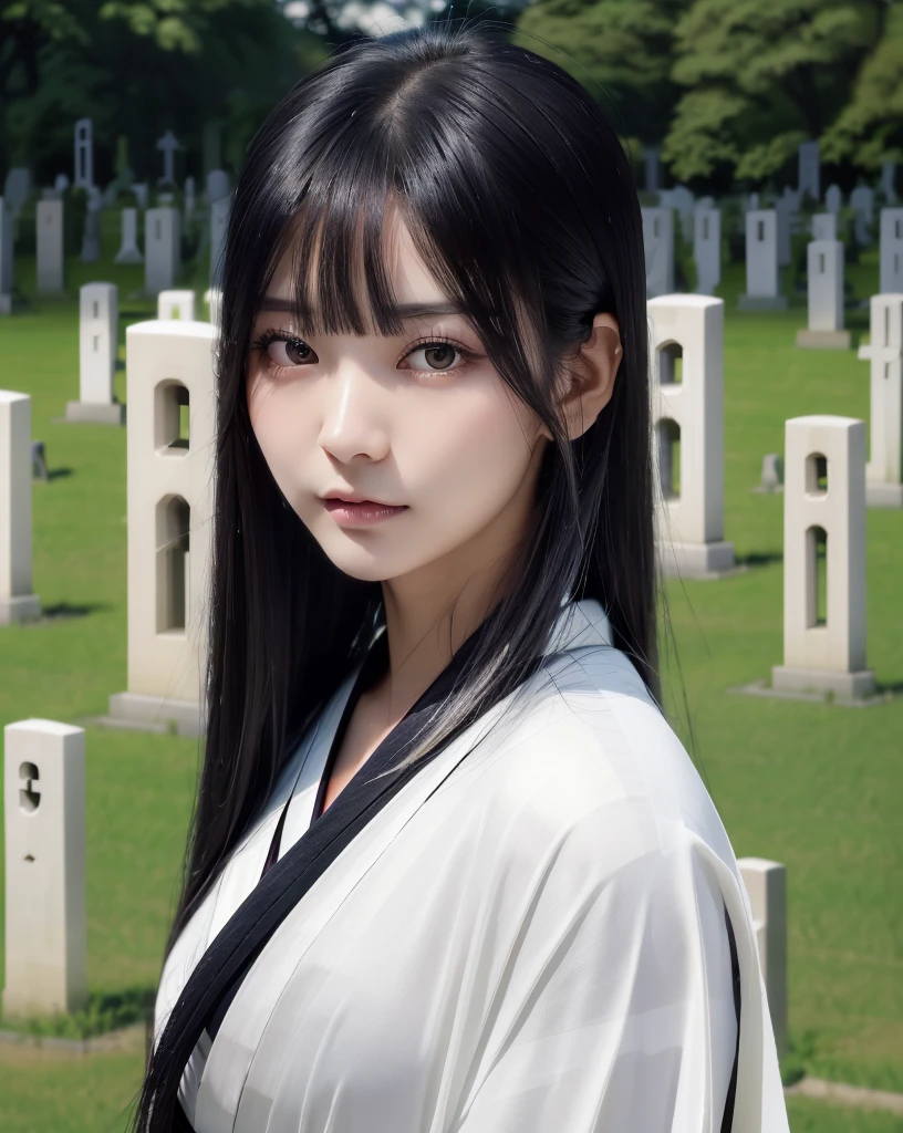 (Highest quality, 32k, High resolution, Masterpiece:1.5), marimo_jet, god々A photograph with brilliant dazzling and healing power., Evoking a sense of calm and elusive beauty, Expressing emotions, Have a rich imagination, Beautiful Japanese Girls, An exceptionally beautiful face, Small Face Beauty, , Perfect Human Anatomy, Magical big eyes, Motherhood and generosity, Deep Love, Fleeting Expression, Shiny black hair, Neat, super long, straight silk hair, Asymmetrical bangs, Hair between the eyes, Transparent, soft white skin, Sharp eyebrows, Thin lashes, Natural Makeup, ((Traditional Japanese white kimono:1.3)), ((Japanese Cemetery:1.5)), ((Simple gravestone)), ((Midnight Darkness:1.5)), Professional photographer, Professional models