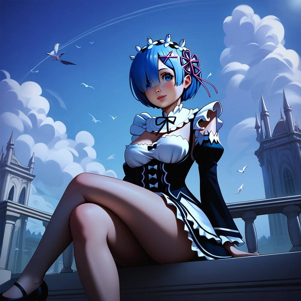 score_9, score_8_up, score_7_up, rem_\(re:zero\)
blue_eyes,hair_over_one_eye,short_hair,blue_hair,hair_ribbon,roswaal_mansion_maid_uniform, 1girl, solo, sitting, crossed legs, from below
Masterpiece, best quality, detailed eyes, perfect face, award winning, hyper-realistic