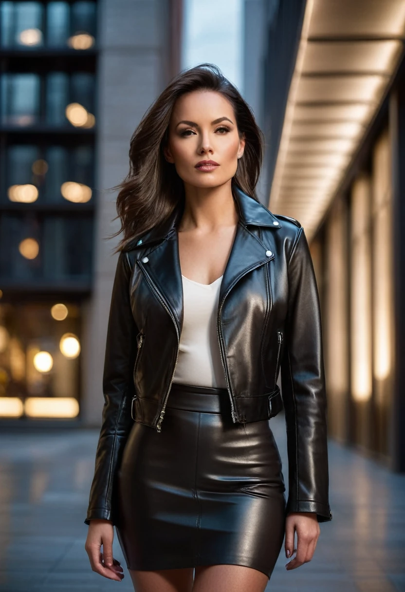 Create an image of a sophisticated woman wearing a classic leather outfit. She is dressed in a fitted black leather jacket and matching leather skirt, exuding elegance and confidence. The setting is an upscale urban environment with modern architecture and ambient evening lighting