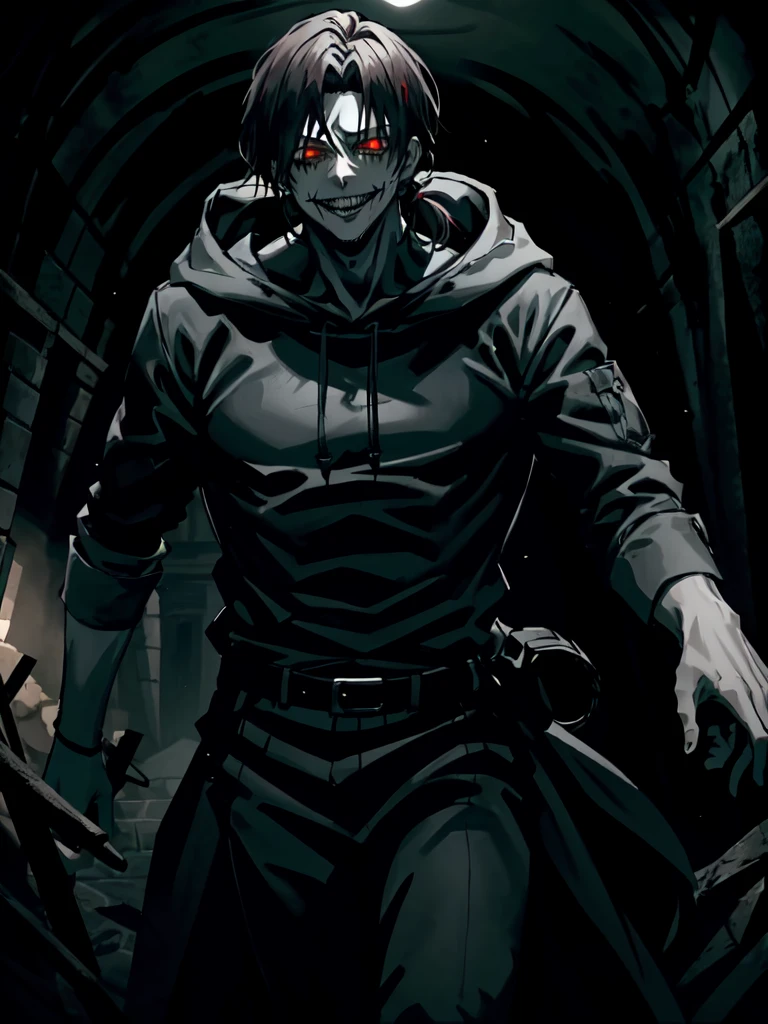 1boy, (Medium-length hair: 1.2), With a ponytail,male, Dark red eyes, (dark theme:1.3), (dark atmosphere:1.3), Horror atmosphere, (Dark Underground: 1.5), Black hoodie,Tall and strong,Beautiful appearance, vicious, evil smile, Chase