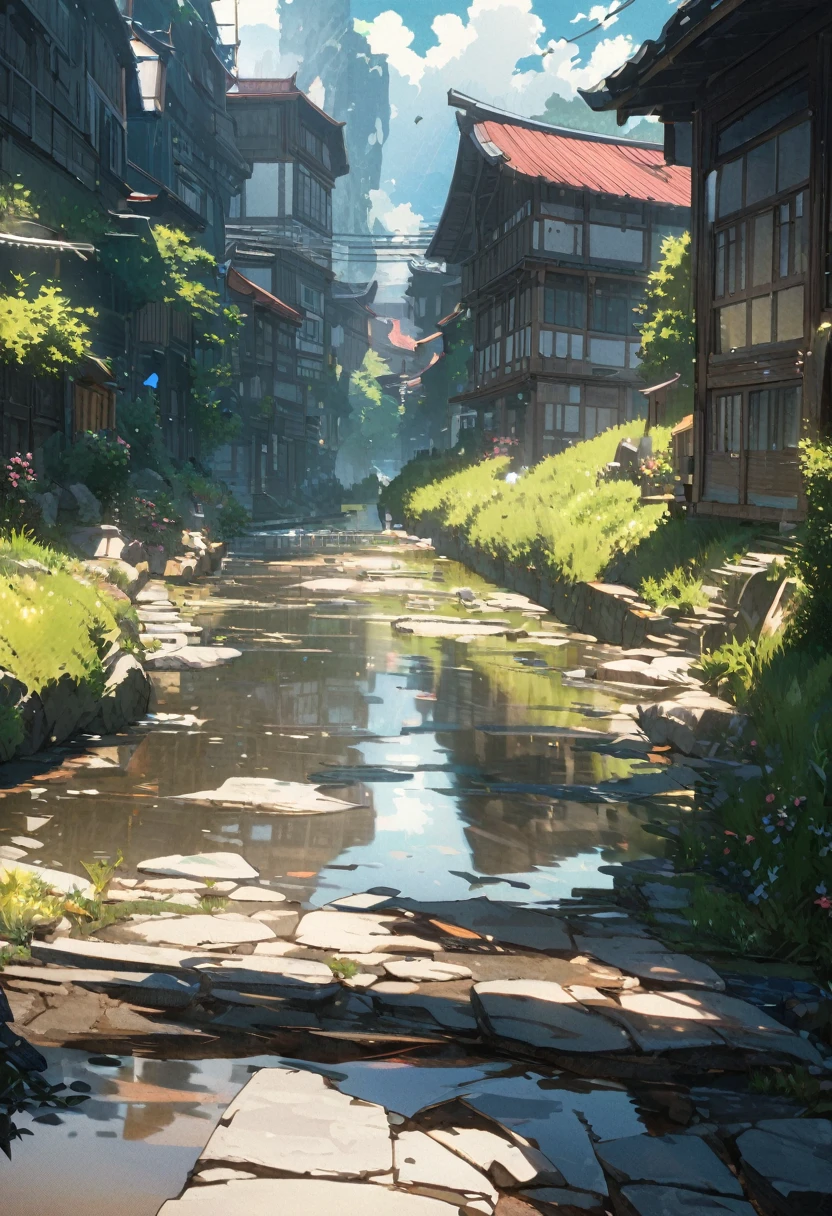 masterpiece,highest quality,ultra-detailed,high-definition background,8K,hi-res,high quality,BREAK, japanese manga style, sketch, Watercolor Colors.ハイクオリティなmasterpiece、landscape、anime、Japanese Town、traditional town、明るい星null。BREAK ロマンチックな古い町並み, null, pixiv, Concept Art, Lofi Art Style, reflection. by Makoto Shinkai, lofi art, Beautiful anime scene, BREAK animeのlandscape, 詳細なlandscape - width 672, in style of Makoto shinkai, style of Makoto shinkai, enhanced details, BREAK,Detailed,Realistic,4k highly detailed digital art,octane render、 Bioluminescence,BREAK 8K解像度Concept Art,realism,by Mappa Studios,masterpiece,最high quality,Official Art,An illustration,ligne claire,(cool_Farbe), Perfect composition,Absurd,Fantasy,concentrated,Rule of thirds,High detail,animeーション,animeーションのスタイル、 Shine, Film lighting, god々Shining rays, Shine光, reflection光, Get closer, Lens flare, masterpiece, High Detail, 最high quality, Ultra detail, high quality, animeーション背景, animeーション壁紙, sunny, 明るい青null, Dramatic lighting, 植wood鉢, plant, wood, Grass, Cobblestone Street, hometown, hometownの町, Summer vacation, memory, 夏のmemory, homecoming、countryside、Countryside、Hometown
