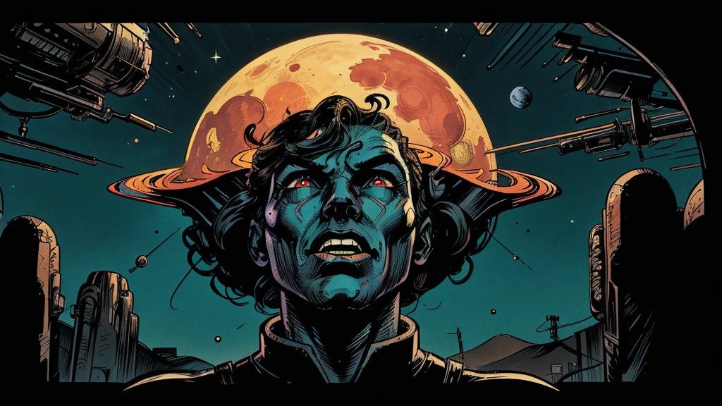 Use this prompt to create an image in the style of 1950s-70s comic book art. Use bold outlines, halftone patterns, and exaggerated perspective. Employ intense, saturated colors reminiscent of vintage four-color printing. Maintain a psychedelic, otherworldly atmosphere with swirling, colorful skies and strange celestial bodies. Emphasize the contrast between light and shadow to create a dramatic, pulp sci-fi feel. Create an image of: horrible, frightening, scary, terrifying, tentacled alien monster