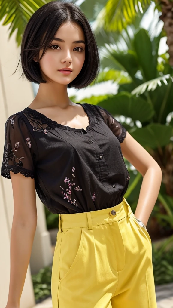 ((Highest quality)), ((masterpiece)), (detailed), 
A beautiful girl with short black hair wearing a short-sleeved summer shirt and summer pants in the style of the Yellow Revolution、refreshing、fine、bright、smart、Vision、whole body、Fullsize、
