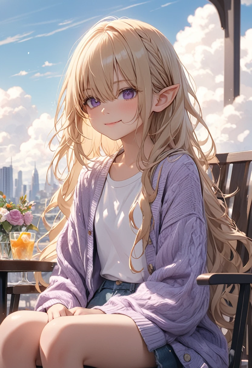 ((Masterpiece)), ((best quality)), ((kawaii)), ((extremely detailed)), 4K, (8K), (super detail:1.2), (High Definition:1.3), (Professional Photography:1.2), cinematic lighting, (sharp focus), (perfect light), ((1girl)),((12 years old)), (1girl), cute young girl, (smug), (Beautiful purple eyes:1.2), (dark skin), elf girl, wear a long cardigan, small breast, slender waist, (hair over eyes:1.3), very long bangs, Shiny unruly hair, long hair, ((beautiful blond hair)), shortpants, BREAK, ((best quality)), ((extremely detailed)), 🌈, sitting on a chair on the café terrace, (the Midsummer Cafe Terrace), Beautiful cityscape Background, Large Cumulonimbus Clouds, pastel colors clouds, kawaii, cute colors,