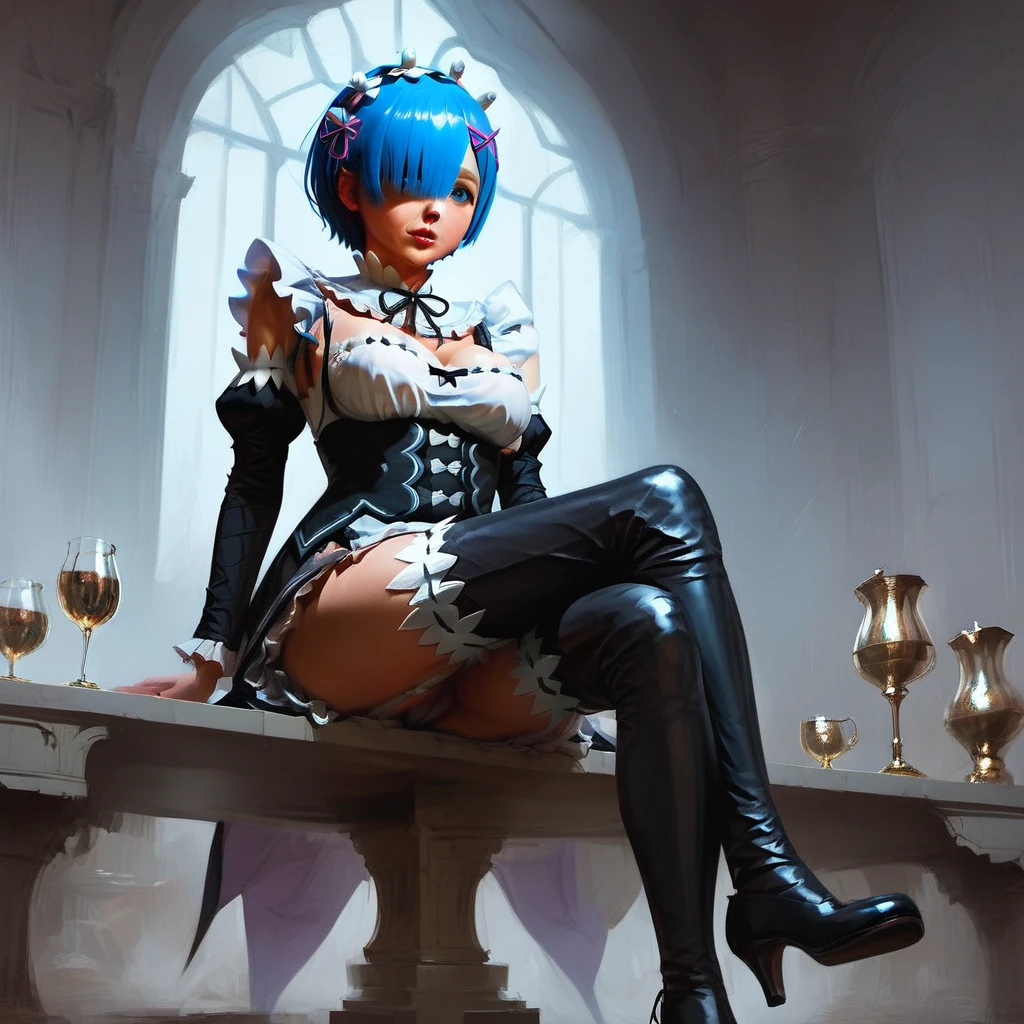 score_9, score_8_up, score_7_up, rem_\(re:zero\)
blue_eyes,hair_over_one_eye,short_hair,blue_hair,hair_ribbon,roswaal_mansion_maid_uniform, 1girl, solo, sitting, crossed legs, from below
Masterpiece, best quality, detailed eyes, perfect face, award winning, hyper-realistic