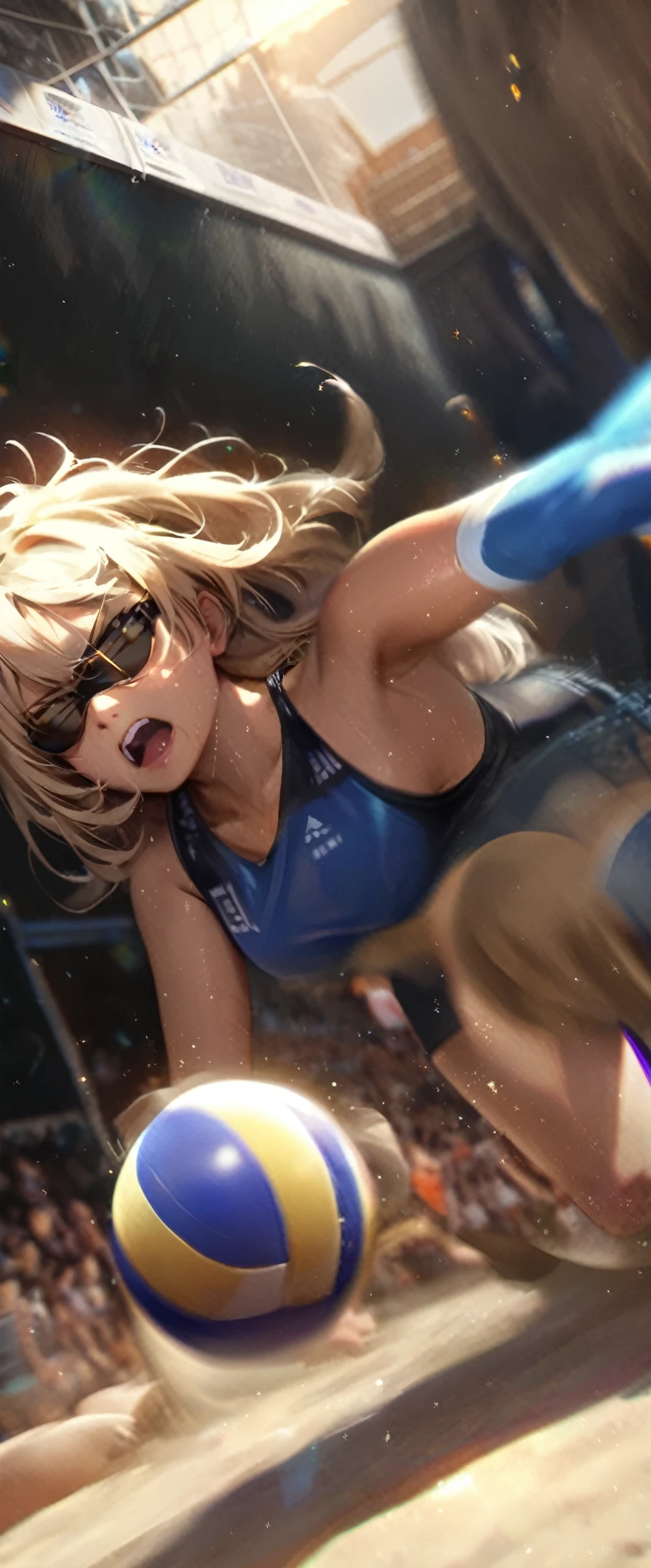 quality\(8k,wallpaper of extremely detailed CG unit, masterpiece,hight resolution,top-quality,top-quality real texture skin,hyper realisitic,increase the resolution,RAW photos,best qualtiy,highly detailed,the wallpaper,cinematic lighting,ray trace,golden ratio\), BREAK ,two girls,two teenls are rallying at beach_volleyball,2girls\(teen,cutwaii,hair floating,messy hair,blonde hair and dark hair,messy hair,pony tail hair and short hair,skin color white,(tunned skin),eye color blue or dark,eyes shining,big eyes,breast,sports_bikini,angry face,sweat,(dynamic pose:1.2),sports_sunglasses,cap\), BREAK ,(dynamic angle:1.4),1ball\(beach_volleyball\),at beach_volleyball court,(motion blur on ball:1.3),(perspective action:0.6),seaside,perfect hand