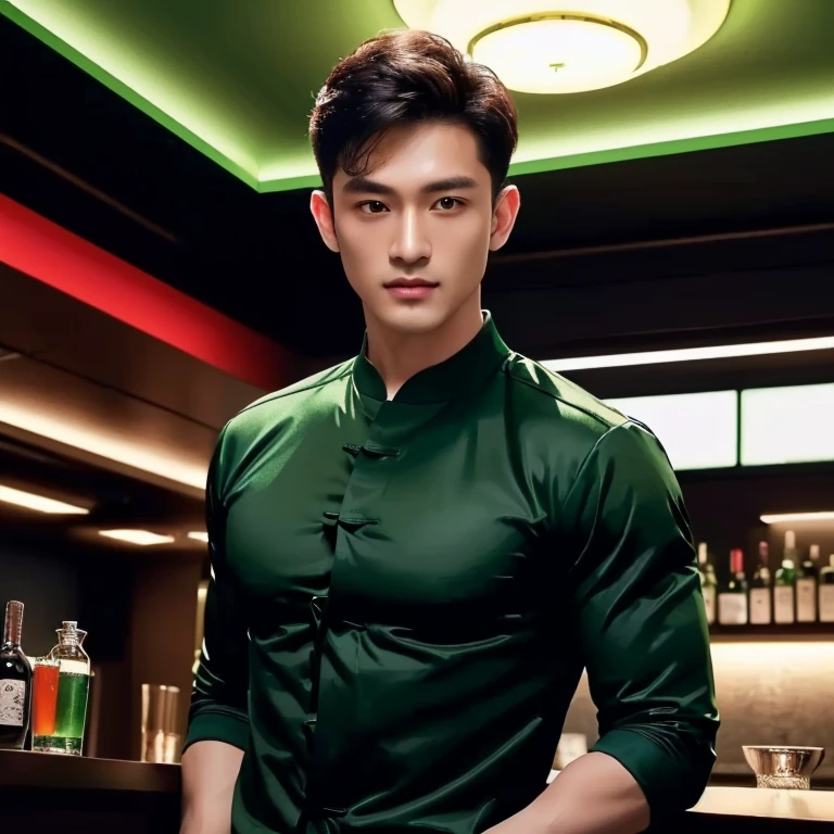 arafed man in a Green Shirt standing in a bar, In a dark green round-neck shirt, Green Shirt, Elegant dark green clothes, in the style of sifu :2, smooth hair, Handsome Chad Chin, Green Bomber Jacket, Rafael Pernaz, wearing a green suit, Chai Sukun, สวมแจ็กเก็ตบอมเบอร์สีเขียวเข้ม arafed man in a Green Shirt standing in a bar, In a dark green round-neck shirt, Green Shirt, Elegant dark green clothes, in the style of sifu :2, smooth hair, Handsome Chad Chin, Green Bomber Jacket, Rafael Pernaz, wearing a green suit, Chai Sukun, Wearing a dark green bomber jacket. 8K images., Shot with a high quality Fuji 45 camera., Pixels, best quality, Masterpiece:1.2), (realistic, photo-Southeast Asians with round faces, Open the aperture wide., professional lighting, Sony A7R4, 50 mm sitting lens. 2 black eyes,muscle, (digital painting, HDR, high contrast), 3d, 8K, 45,000,000 pixcls,