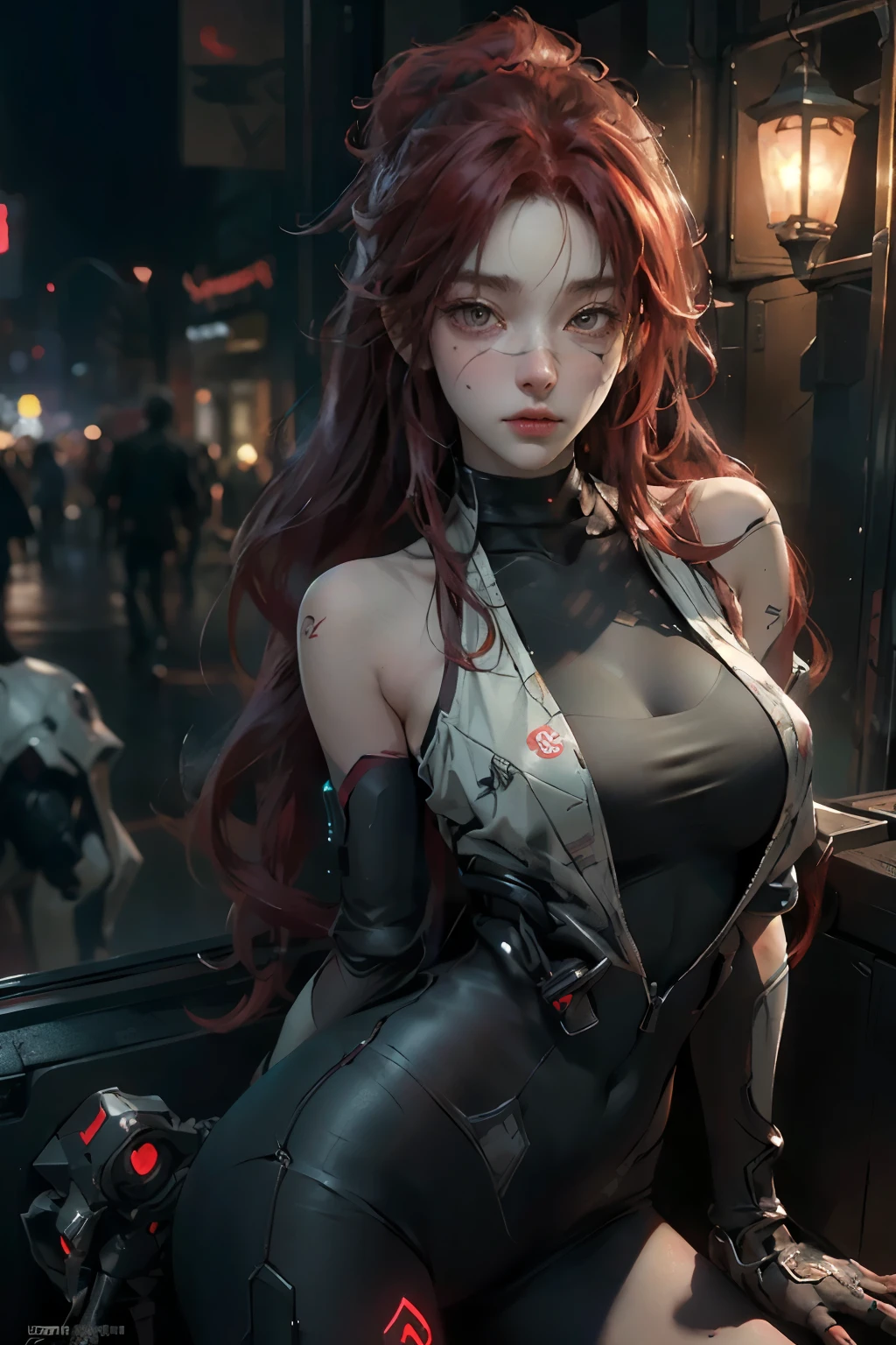 ((best quality)), ((Masterpiece)), (details:1.4), 3d, Image of a beautiful cyberpunk woman., HDR (high dynamic range), long hair, red hair, future police, PBR surface,After processing,Anisotropic filtration,depth of field, Maximum clarity and clarity, multi-layered surface, perfect proportions, 8K raw files, Scars on the face, future world, at night