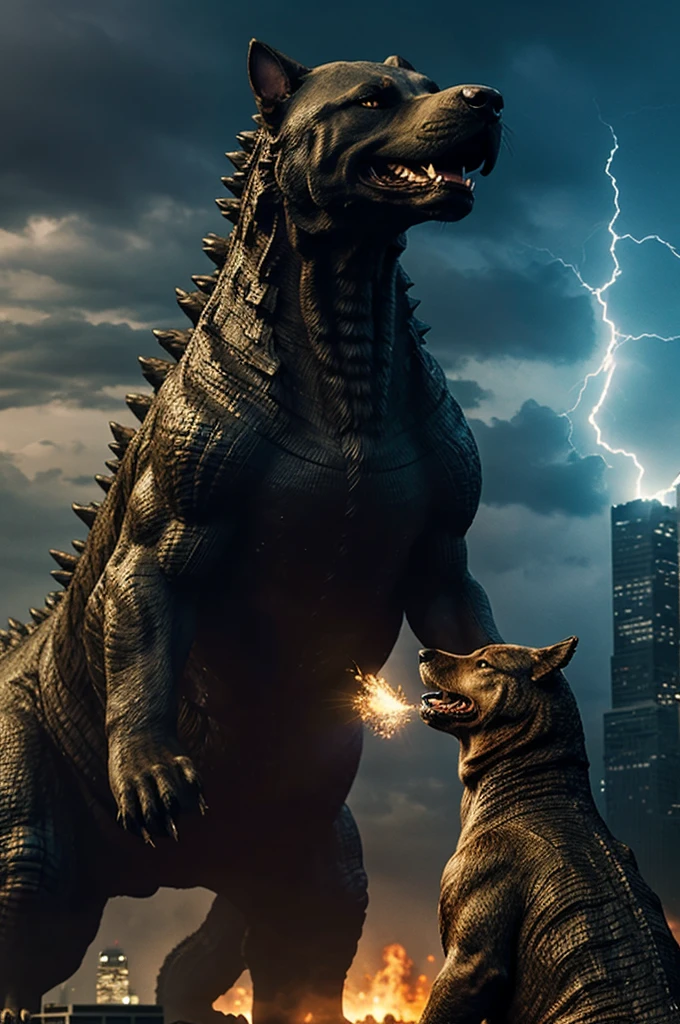 a dog with powers, facing godzilla