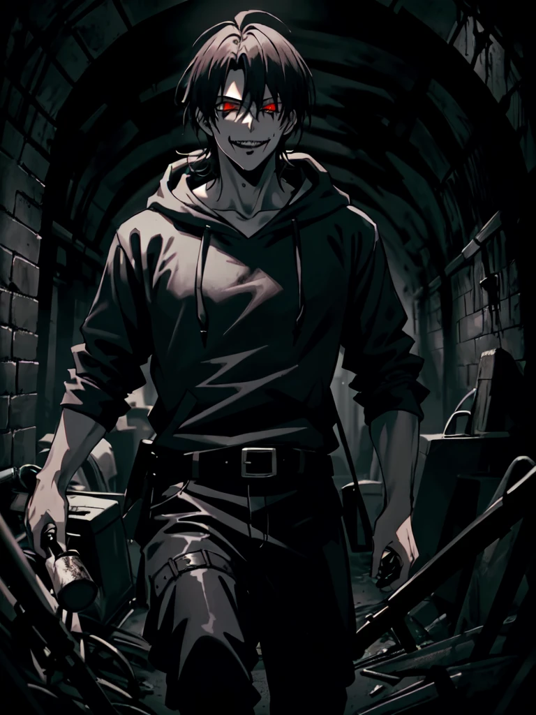 1boy, (Medium-length hair: 1.2), With a ponytail,male, Dark red eyes, (dark theme:1.3), (dark atmosphere:1.3), Horror atmosphere, (Dark Underground: 1.5), Black hoodie,Tall and strong,Beautiful appearance, vicious, evil smile, Chase