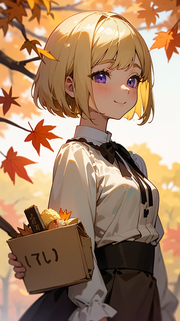 1 Girl、Anime-style paintings、Upper body close-up、From the side、Bento box、Small breasts、smile、(blonde)、Bobcut、Beautiful purple eyes、Frilled blouse、Autumn leaves park、Background Blur, Written boundary depth