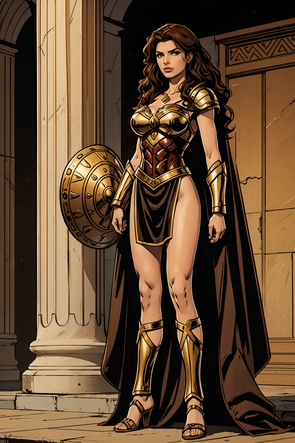 ((full body photo, standing, feet on the ground))1 mature woman, Amazon warrior of themiscera, long curly hair, brown hair, dark brown eyes, thin lips, round face, wearing Greek battle helmet, huge breasts covered by well-protected and imposing Greek Amazon armor holding a short sword and a shield with a lion's head,She's in the coliseum, inside an arena