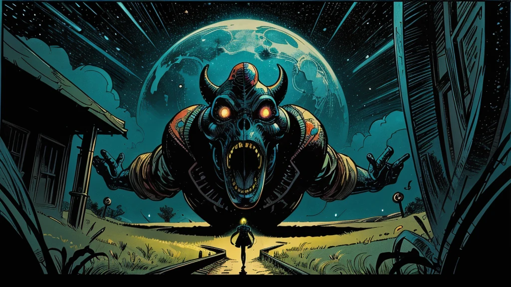 Use this prompt to create an image in the style of 1950s-70s comic book art. Use bold outlines, halftone patterns, and exaggerated perspective. Employ intense, saturated colors reminiscent of vintage four-color printing. Maintain a psychedelic, otherworldly atmosphere with swirling, colorful skies and strange celestial bodies. Emphasize the contrast between light and shadow to create a dramatic, pulp sci-fi feel. Create an image of: horrible, frightening, scary, terrifying, tentacled alien monster