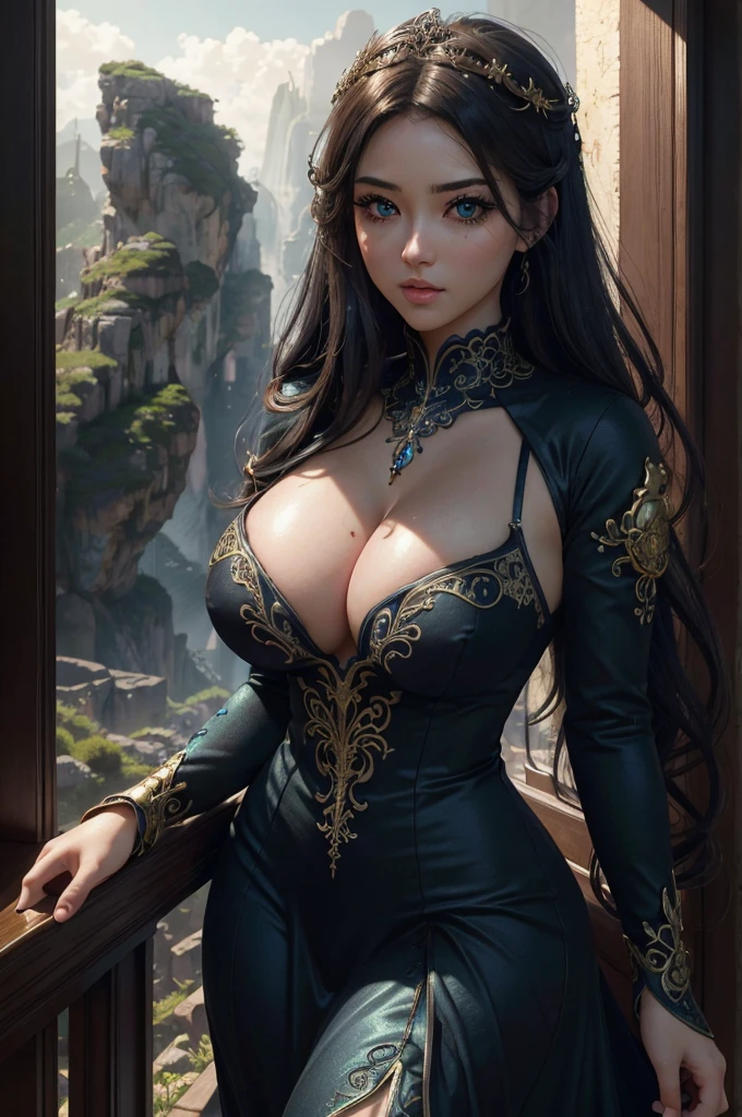 A and big ass ae girl, beautiful detailed eyes, beautiful detailed lips, extremely detailed face and skin, long lashes, detailed elegant dress, intricate background, fantasy landscape, volumetric lighting, cinematic lighting, dramatic lighting, vivid colors, vibrant palette, highly detailed, photorealistic, 8K, best quality, masterpiece, ojos dominant