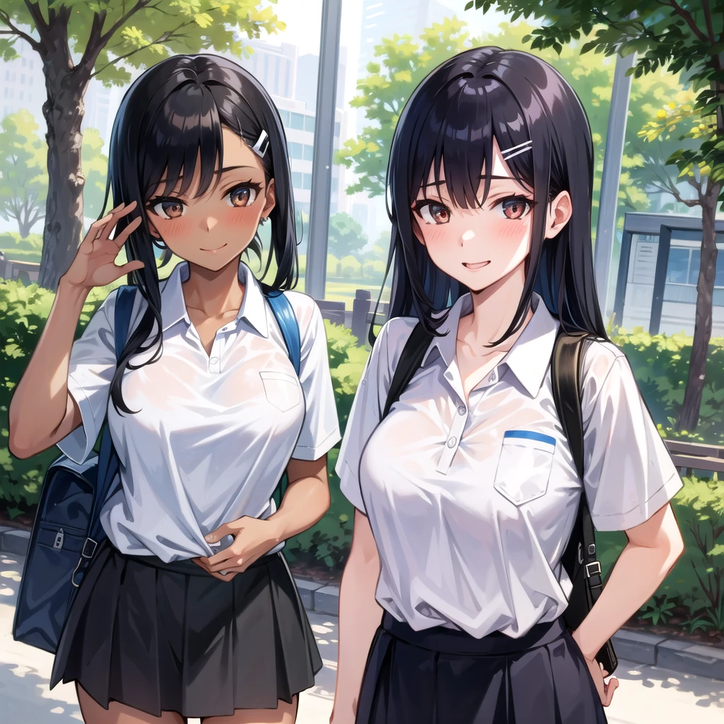 ((best quality)), ((masterpiece)), (details), one girl, sexy ((best quality)), ((masterpiece)), (details), one girl, sexy ((best quality)), ((masterpiece)), (details), one girl, full body, sexy expensive body, expensive, long legs, mature woman, mature, adult, it_nagatoro_main, Hayase Nagatoro, one girl, blushing, alone, uniform polo shirt, short sleeves, black hair, bag, brown eyes, hair accessory, looking at viewer, hair clip, outdoors, backpack, smiling, long hair, dark skinned woman, dark skin, , bangs, daytime, skirt, collared shirt, collarbone, ear clip, mouth closed, tree, asymmetrical bangs, upper body