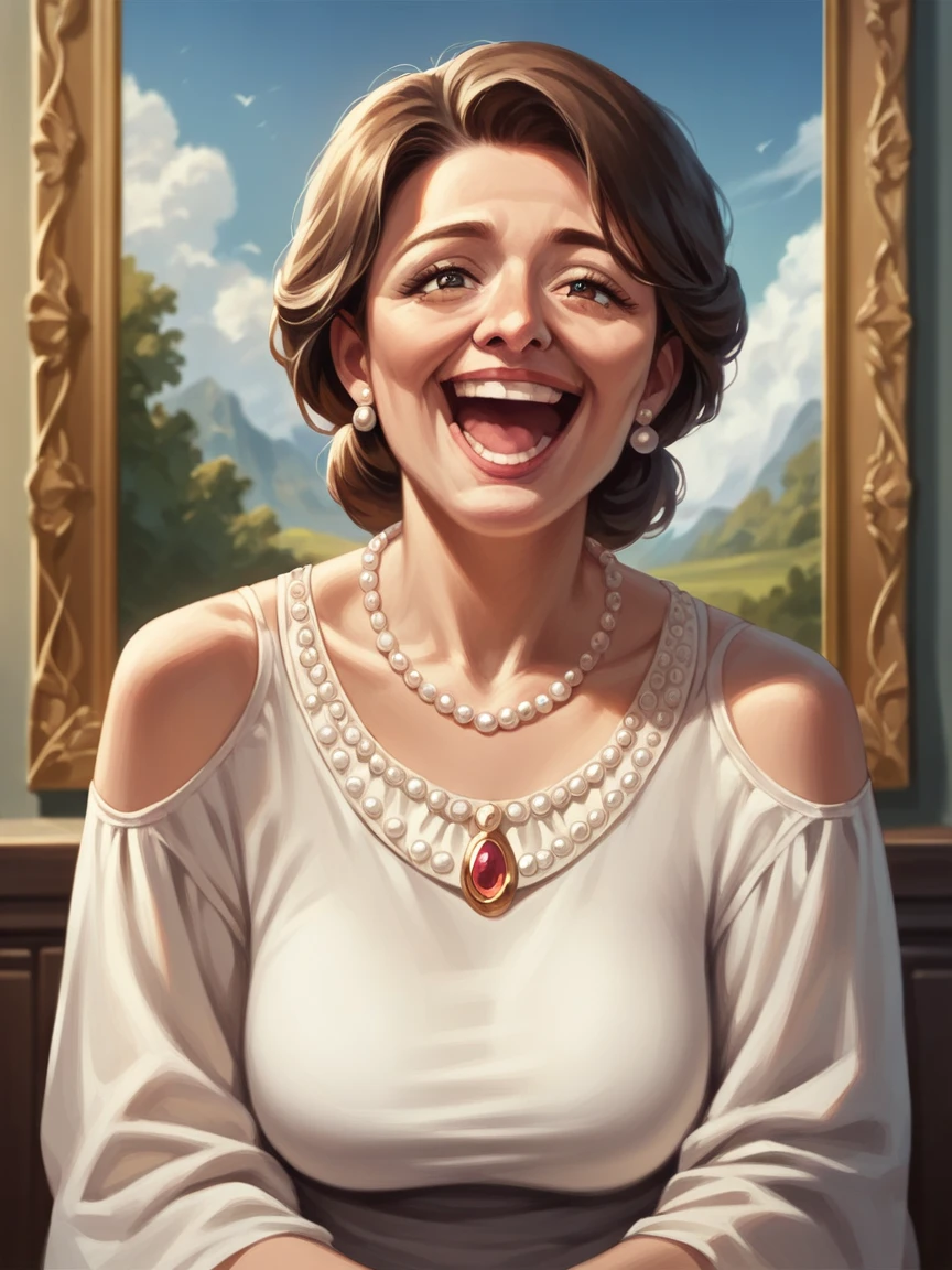 ((Best quality)), ((masterpiece)), (detailed), 3/4 illustration of a middle aged female character with soft short shoulder length brown hair and hazel eyes, motherly, laugh lines, milf, full figure, soft expression, older, aged 40, digital art painting style, digital portrait, white blouse, pearls, sitting