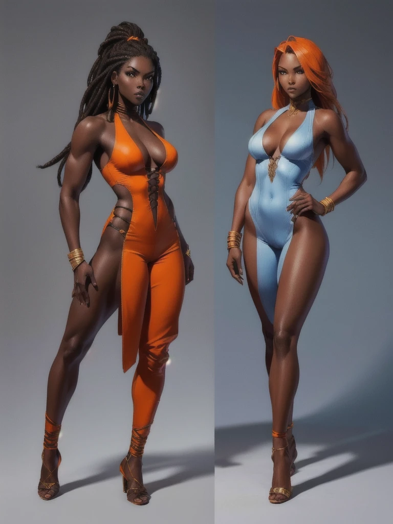 ((best quality)), ((4k)), ((highres)), ((masterpiece:1.2)). ((detailed)), ((ultra realistic)), ((intricate details)), ((full body picture)), a full body picture of a beautifull Ebony skinned female, black woman, dark skin, ebony princess, ebony model, perfect face, detailed eyes, detailed lips, posing with her arms above her head, ((arms above her head)), about 25 years old, about 5'7 ft. tall, long thin dreadlocks down to her hips, ((emphasis on her long thin dreadlocks down to her hips)), pretty, feminine woman, toned body but not too muscular looking, hourglass figure, dressed in a skin-tight sleeveless full body orange jumpsuit, ((emphasis on the skin-tight sleeveless full body orange jumpsuit)), showing cleavage, glamorous, strappy lace up high, fighting game character concept art, tekken character design, the king of fighters character concept, full bofy, full body concept art, full body art
