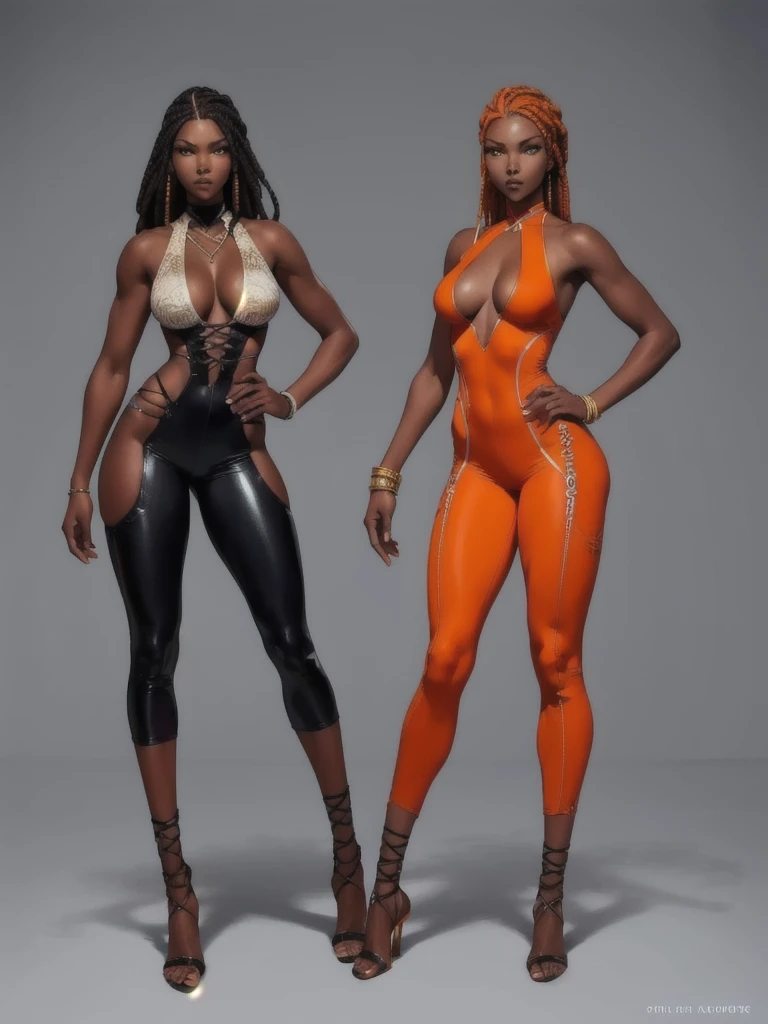 ((best quality)), ((4k)), ((highres)), ((masterpiece:1.2)). ((detailed)), ((ultra realistic)), ((intricate details)), ((full body picture)), a full body picture of a beautifull Ebony skinned female, black woman, dark skin, ebony princess, ebony model, perfect face, detailed eyes, detailed lips, posing with her arms above her head, ((arms above her head)), about 25 years old, about 5'7 ft. tall, long thin dreadlocks down to her hips, ((emphasis on her long thin dreadlocks down to her hips)), pretty, feminine woman, toned body but not too muscular looking, hourglass figure, dressed in a skin-tight sleeveless full body orange jumpsuit, ((emphasis on the skin-tight sleeveless full body orange jumpsuit)), showing cleavage, glamorous, strappy lace up high, fighting game character concept art, tekken character design, the king of fighters character concept, full bofy, full body concept art, full body art
