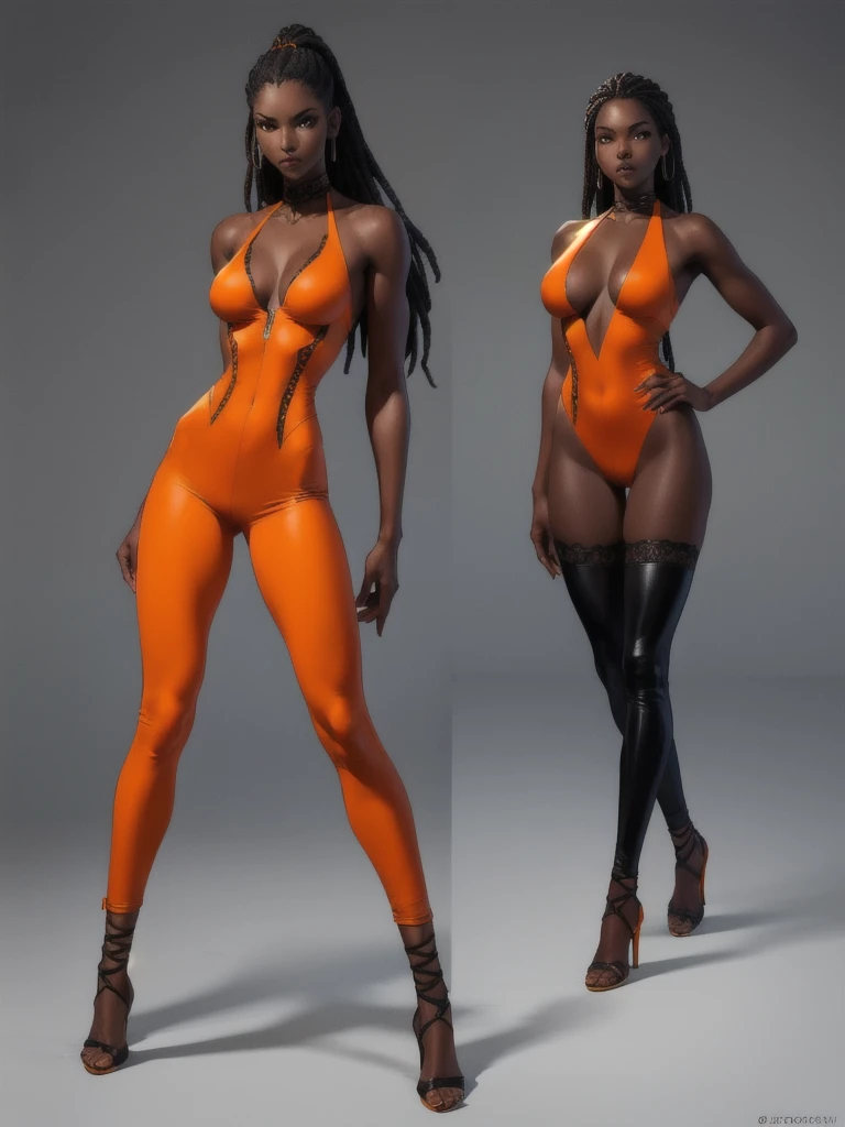 ((best quality)), ((4k)), ((highres)), ((masterpiece:1.2)). ((detailed)), ((ultra realistic)), ((intricate details)), ((full body picture)), a full body picture of a beautifull Ebony skinned female, black woman, dark skin, ebony princess, ebony model, perfect face, detailed eyes, detailed lips, posing with her arms above her head, ((arms above her head)), about 25 years old, about 5'7 ft. tall, long thin dreadlocks down to her hips, ((emphasis on her long thin dreadlocks down to her hips)), pretty, feminine woman, toned body but not too muscular looking, hourglass figure, dressed in a skin-tight sleeveless full body orange jumpsuit, ((emphasis on the skin-tight sleeveless full body orange jumpsuit)), showing cleavage, glamorous, strappy lace up high, fighting game character concept art, tekken character design, the king of fighters character concept, full bofy, full body concept art, full body art