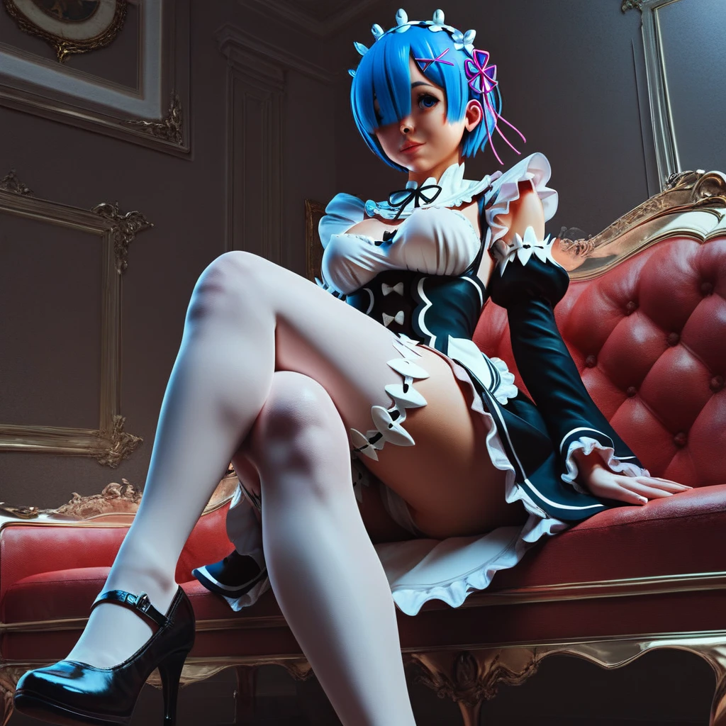 score_9, score_8_up, score_7_up, rem_\(re:zero\)
blue_eyes,hair_over_one_eye,short_hair,blue_hair,hair_ribbon,roswaal_mansion_maid_uniform, 1girl, solo, sitting, crossed legs, from below
Masterpiece, best quality, detailed eyes, perfect face, award winning, hyper-realistic