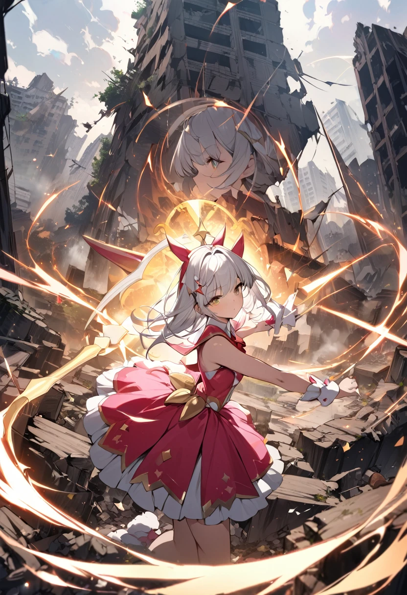 portrait, long hair, white hair, golden eyes,  1girl, head, face, magical girl, absurdres, masterpiece, best quality, magical girl costume, ((mahou shoujo)), short hair, desolation, ruins, dynamic pose, apocalypse, spellcasting, Style-Glass, full body shot