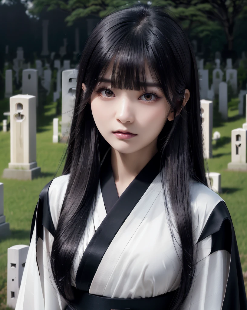 (Highest quality, 32k, High resolution, Masterpiece:1.5), marimo_jet, Ghosts wandering the cemetery at night, Evoking a sense of calm and elusive beauty, Expressing emotions, Have a rich imagination, Beautiful Japanese Girls, An exceptionally beautiful face, Small Face Beauty, , Perfect Human Anatomy, Magical big eyes, Motherhood and generosity, Deep Love, Fleeting Expression, Shiny black hair, Neat, super long, straight silk hair, Asymmetrical bangs, Hair between the eyes, Transparent, soft white skin, Sharp eyebrows, Thin lashes, Natural Makeup, ((Traditional Japanese white kimono:1.3)), ((Japanese Cemetery:1.5)), ((Simple gravestone)), ((Midnight Darkness:1.7)), Professional photographer, Professional Lighting, Professional models