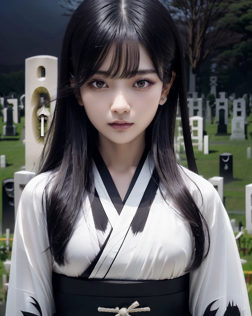 (Highest quality, 32k, High resolution, Masterpiece:1.5), marimo_jet, Ghosts wandering the cemetery at night, Evoking a sense of calm and elusive beauty, Expressing emotions, Have a rich imagination, Beautiful Japanese Girls, An exceptionally beautiful face, Small Face Beauty, , Perfect Human Anatomy, Magical big eyes, Motherhood and generosity, Deep Love, Fleeting Expression, Shiny black hair, Neat, super long, straight silk hair, Asymmetrical bangs, Hair between the eyes, Transparent, soft white skin, Sharp eyebrows, Thin lashes, Natural Makeup, ((Traditional Japanese white kimono:1.3)), ((Japanese Cemetery:1.5)), ((Simple gravestone)), ((Midnight Darkness:1.7)), Professional photographer, Professional Lighting, Professional models