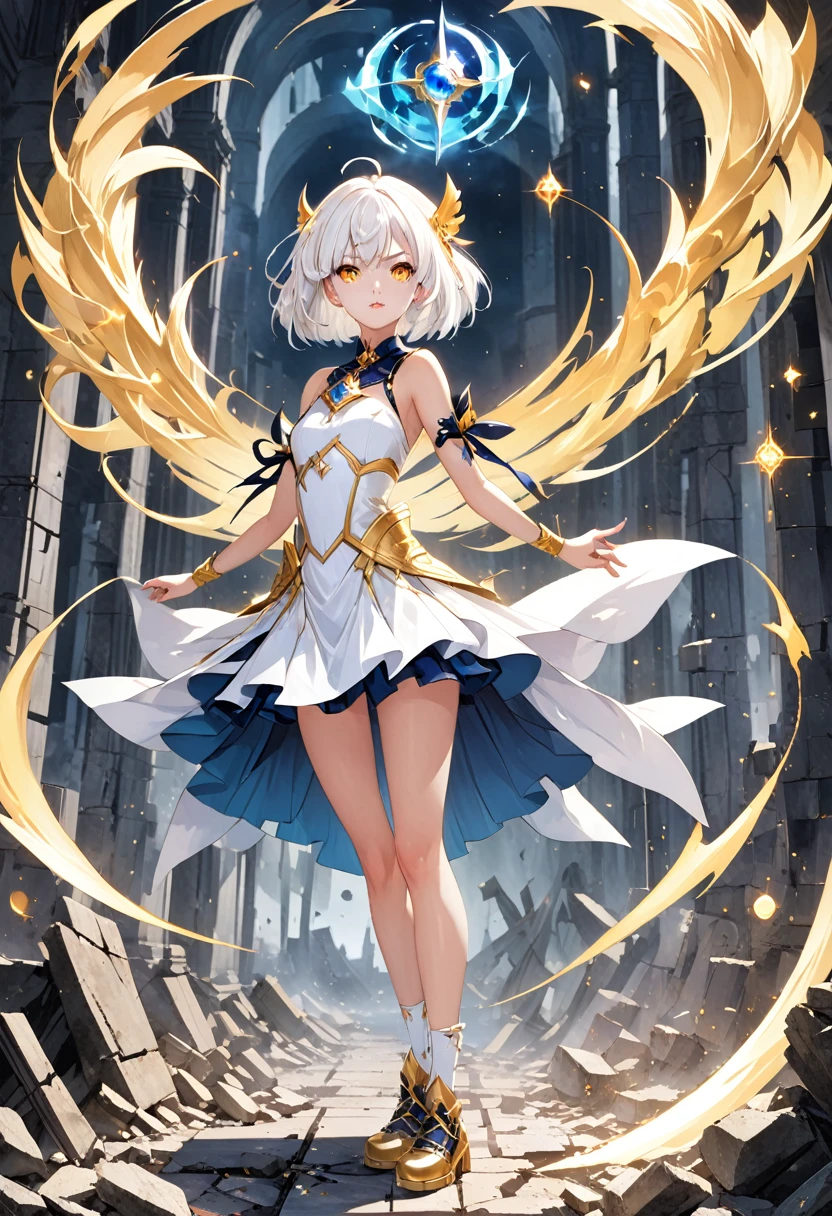 portrait, long hair, white hair, golden eyes, 1girl, head, face, magical girl, absurdres, masterpiece, best quality, magical girl costume, ((mahou shoujo)), short hair, desolation, ruins, dynamic pose, apocalypse, spellcasting, Style-Glass, full body shot