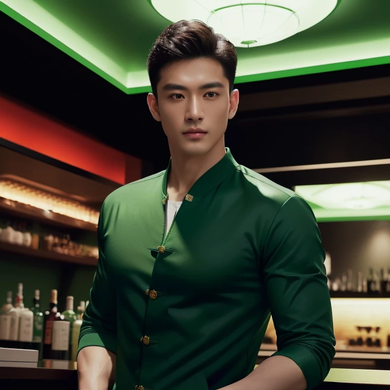 arafed man in a Green Shirt standing in a bar, In a dark green round-neck shirt, Green Shirt, Elegant dark green clothes, in the style of sifu :2, smooth hair, Handsome Chad Chin, Green Bomber Jacket, Rafael Pernaz, wearing a green suit, Chai Sukun, สวมแจ็กเก็ตบอมเบอร์สีเขียวเข้ม arafed man in a Green Shirt standing in a bar, In a dark green round-neck shirt, Green Shirt, Elegant dark green clothes, in the style of sifu :2, smooth hair, Handsome Chad Chin, Green Bomber Jacket, Rafael Pernaz, wearing a green suit, Chai Sukun, Wearing a dark green bomber jacket. 8K images., Shot with a high quality Fuji 45 camera., Pixels, best quality, Masterpiece:1.2), (realistic, photo-Southeast Asians with round faces, Open the aperture wide., professional lighting, Sony A7R4, 50 mm sitting lens. 2 black eyes,muscle, (digital painting, HDR, high contrast), 3d, 8K, 45,000,000 pixcls,